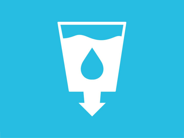 SDG Goal icon - a glass filled with liquid and an arrow pointing down on a blue background SDG Goal icon - a glass filled with liquid and an arrow pointing down on a blue background