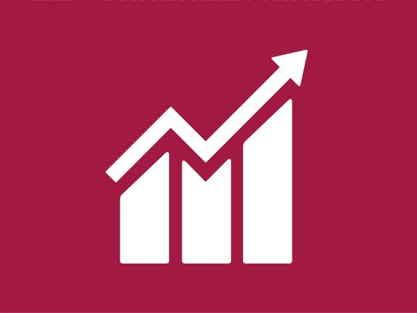 SDG Goal icon - an icon of a graph with arrow going up on maroon background SDG Goal icon - an icon of a graph with arrow going up on maroon background